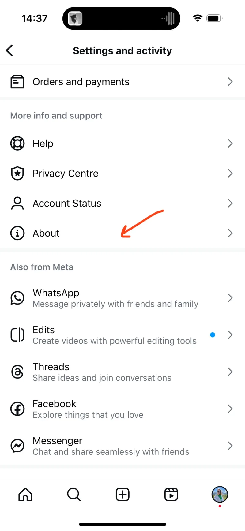 Instagram profile menu showing the About option inside the 'More info and support' section