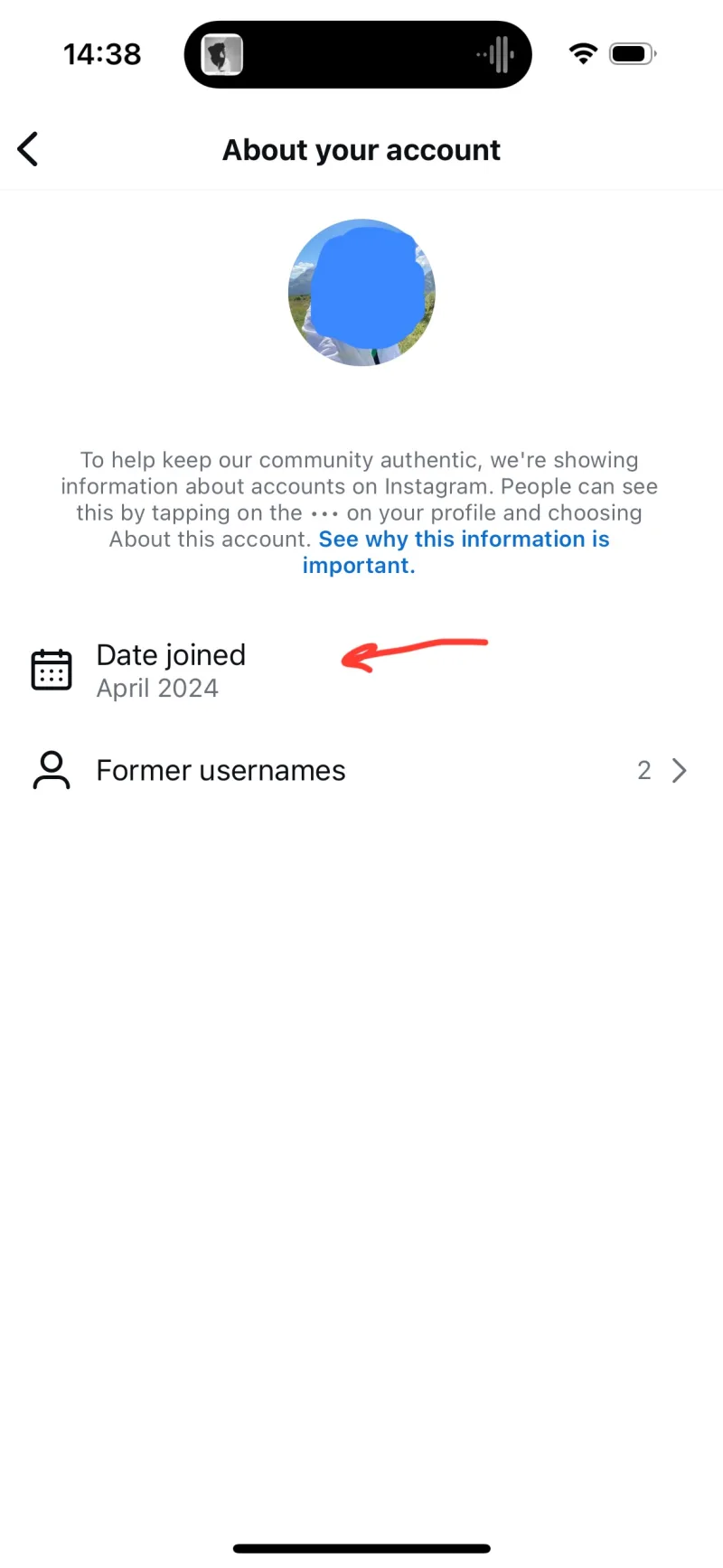 The Account Info screen in Instagram settings showing your own join date