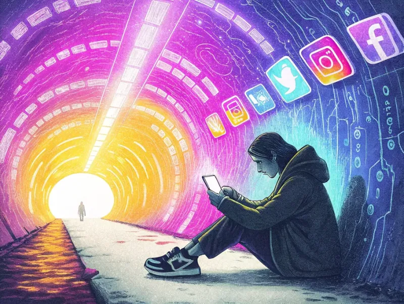 A person sitting cross-legged, using a smartphone with social media icons in a binary code tunnel.