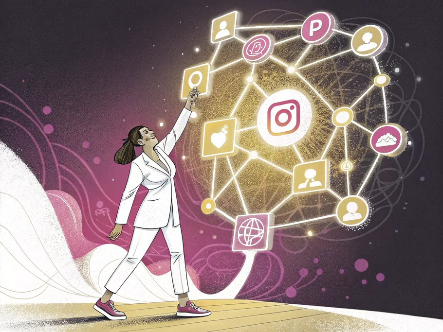 A confident social media manager engaging with a glowing network of Instagram-related data.
