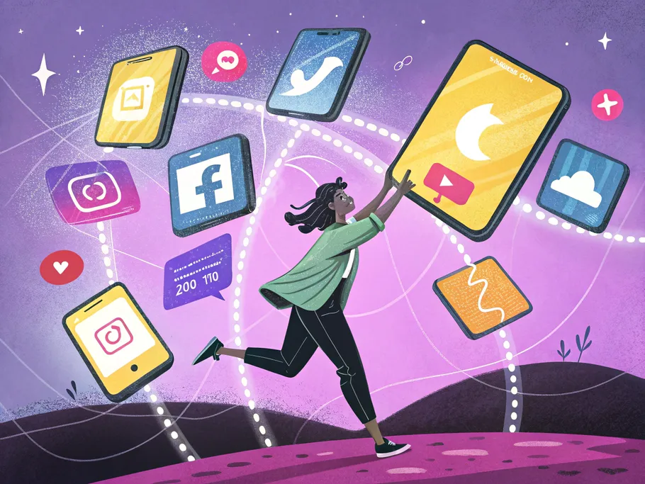 A determined person juggling multiple glowing smartphone screens in a stylized digital space, representing the complexity of managing online identities.
